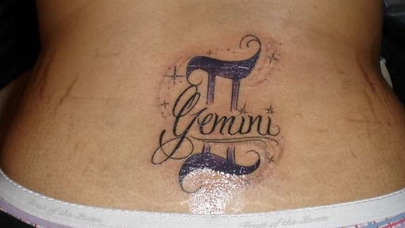 Mẫu xăm ký tự Song Tử tạo hình nghệ thuật với dòng chữ Gemini chính giữa