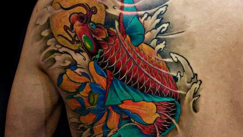 Hình tattoo cá chép hoa mẫu đơn màu sắc